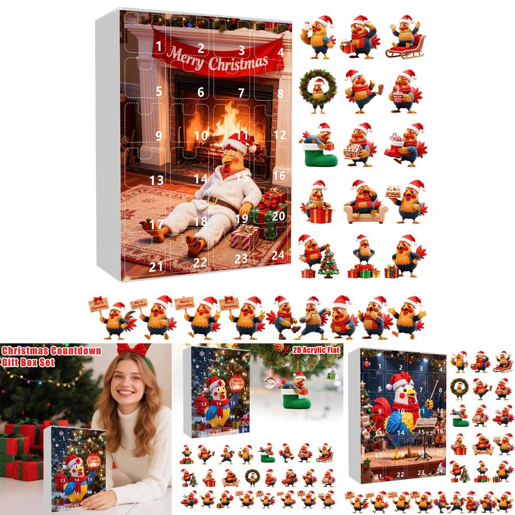 Christmas Countdown Box With Chicken Shaped Acrylic Tree Ornaments For Holiday Decor