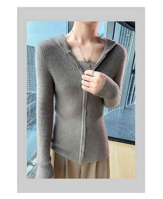 Women's Slim Fit Cashmere Wool Hooded Cardigan - 100% Pure Wool, Zippered, Autumn/Winter Knit Sweater Coat
