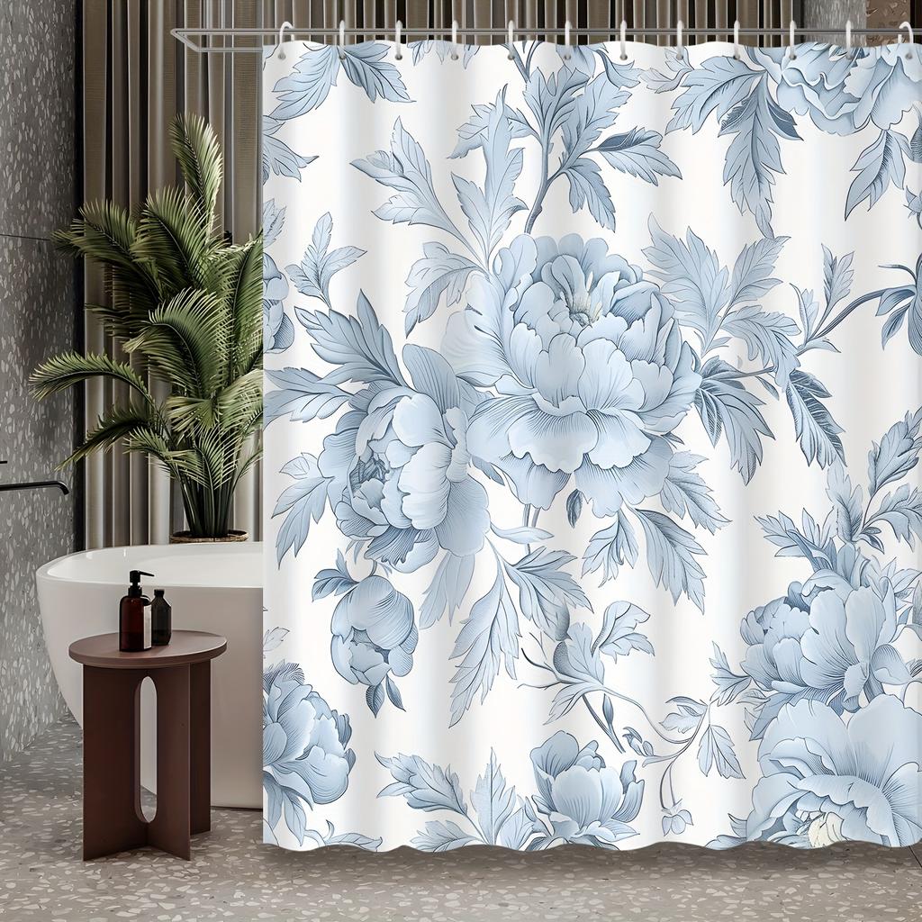 1pc Chinese elegant floral plant peony blue theme shower curtain, polyester fabric, machine washable, suitable for bathroom