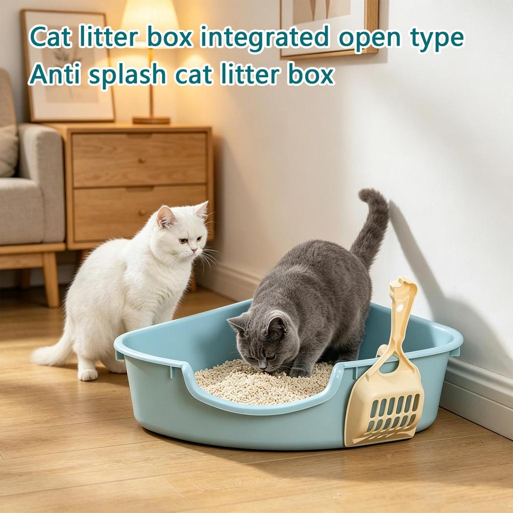 One-Piece Open Litter Box with - Corner Triangular Design for Cats