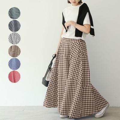 Lotte Hot Summer Japanese Elastic Loose Plaid Skirts Splicing Large Swing Long Half Body Skirt for Women