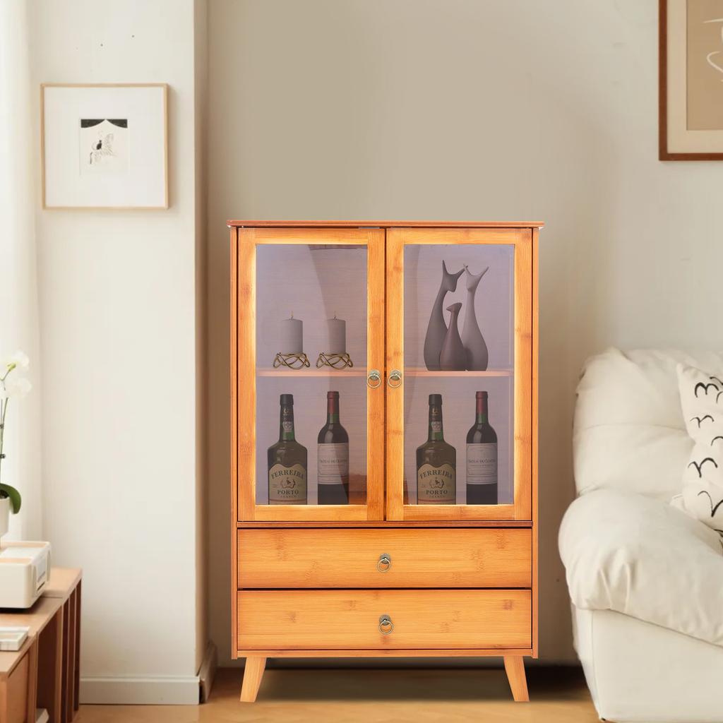 Stylish Bamboo Sideboard with 2 Doors & 2 Drawers, Floor Mounted Kitchen Storage Cabinet, Freestanding Organizer for Dining Room