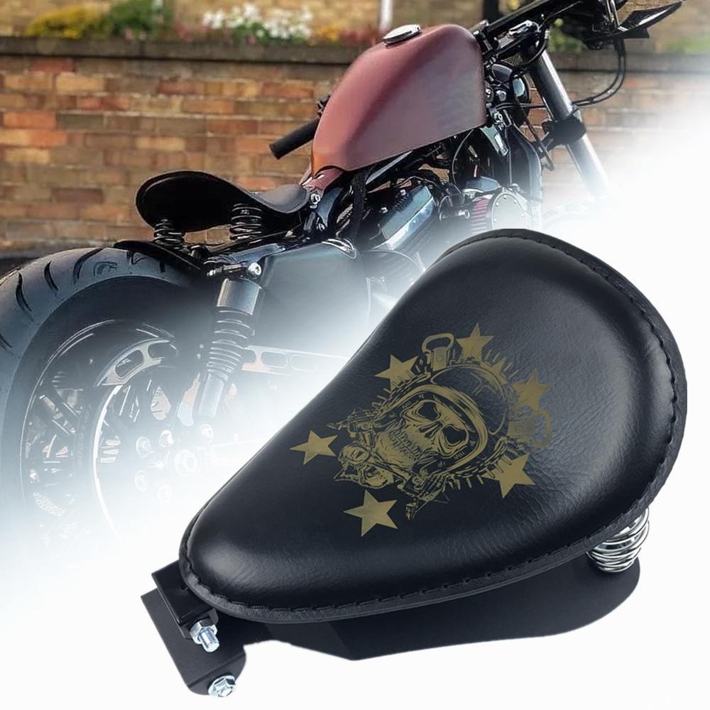 Motorcycle Retro Brown/Black Skull Leather Solo Seat+3" Spring Bracket for Harley Custom Chopper Bobber Leather Saddle Seat