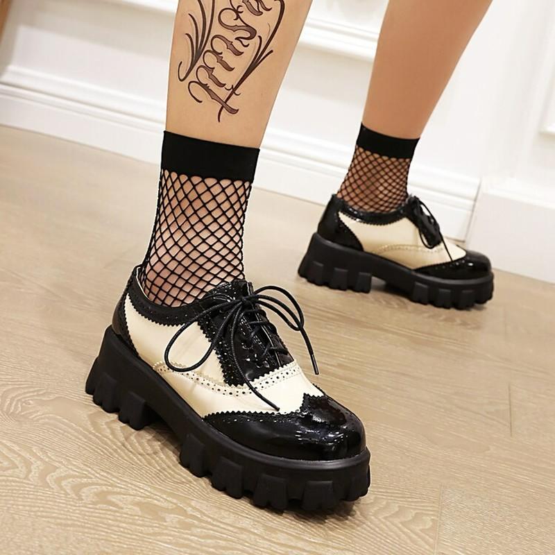Trendy Brand Chunky Flats Platform Gothic Shoes Women Perforated British Brogues Oxfords Shoes Female Derby Flats
