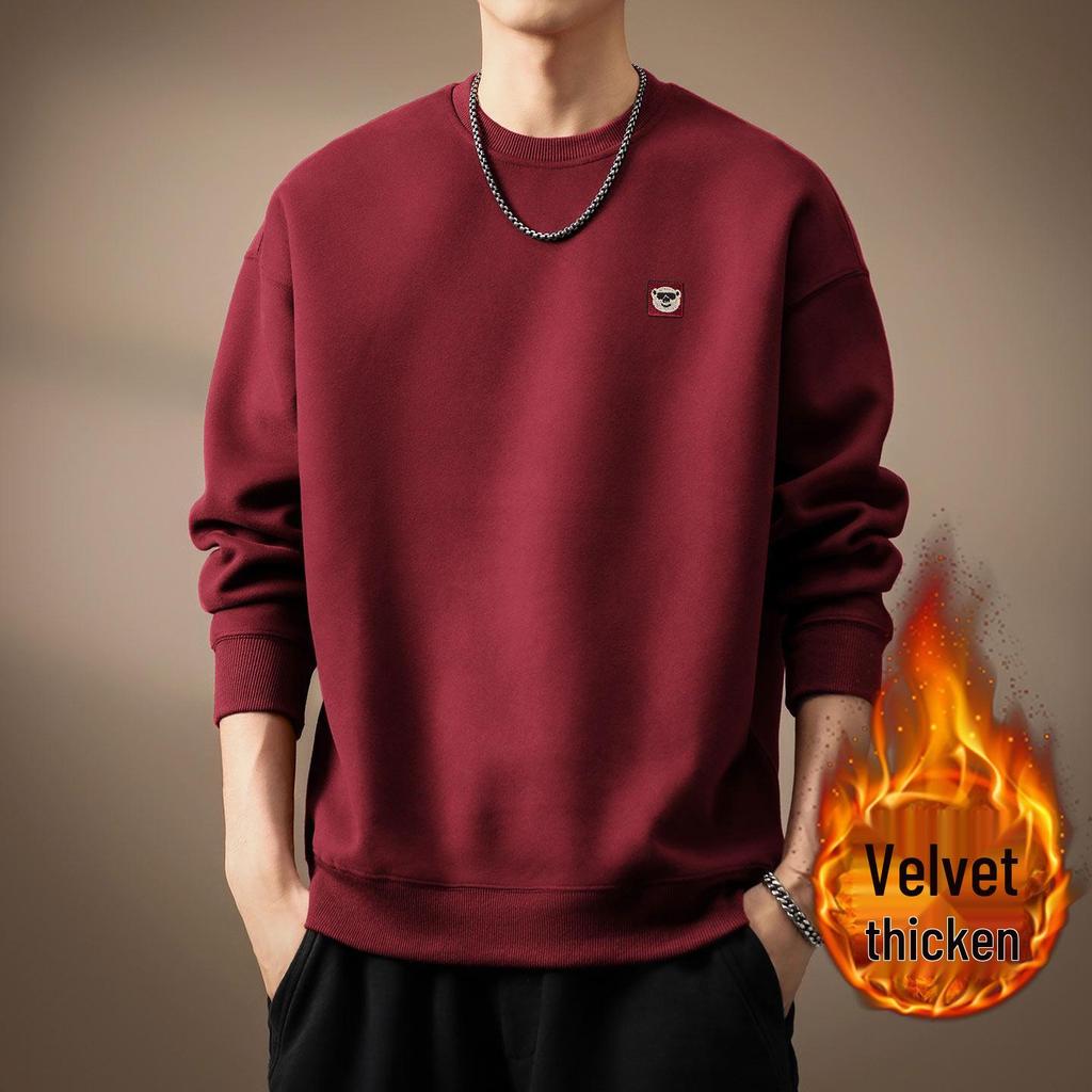 Premium American Style Heavyweight Embroidered Round Neck Men's Winter Hoodie with Velvet, Loose Fit Casual Pullover.