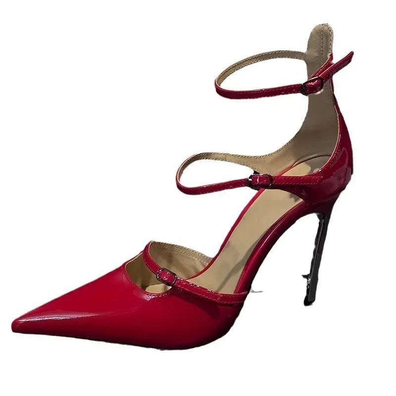 Fashion 2025Brand Designer Metal Thin Heels Sandals Pointed Toe Solid Leather Buckles Straps Style Stiletto Heels Women  Summer Shoes