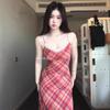 Mesh + Inner Double Layer, Retro Red Plaid Dress Women's V-neck Lace Splicing Mesh Suspender Skirt Long Dress