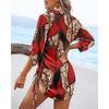 Women's Casual Long-sleeved V-neck Printed Drawstring Short Dress On Both Sides
