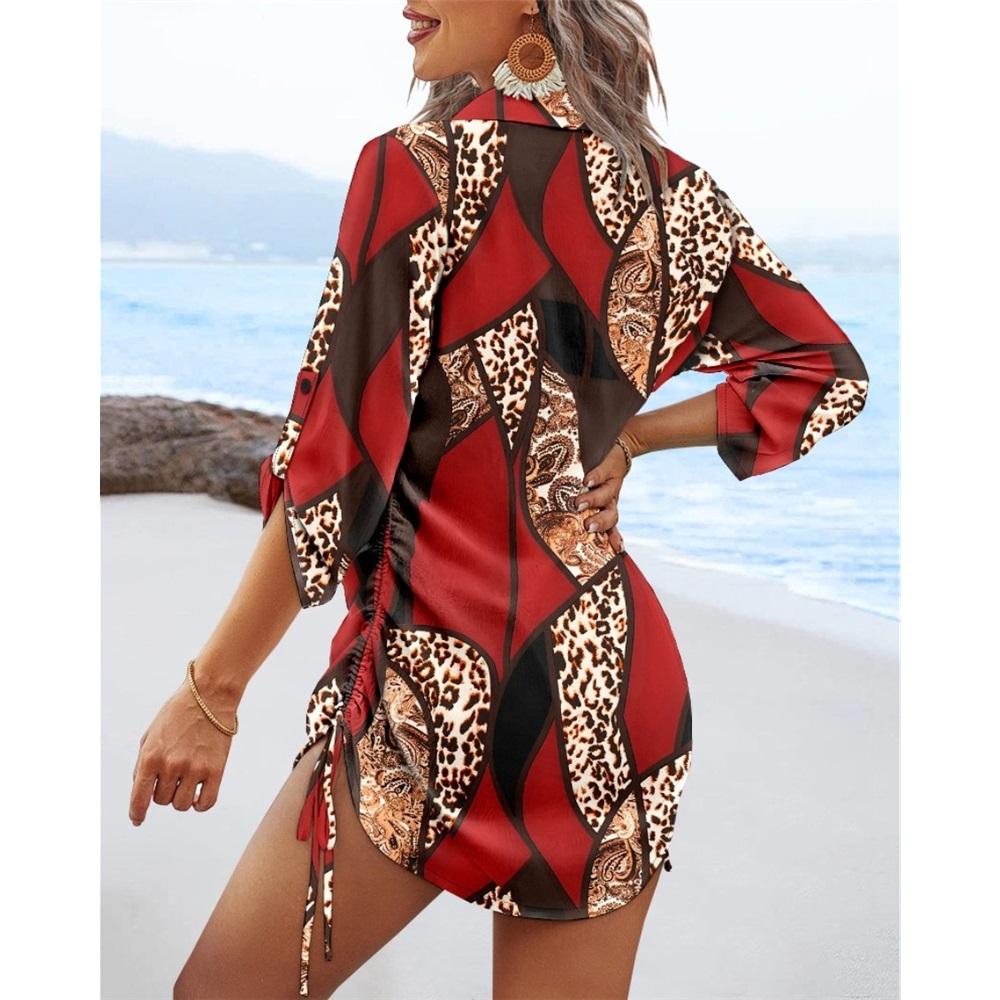 Women's Casual Long-sleeved V-neck Printed Drawstring Short Dress On Both Sides