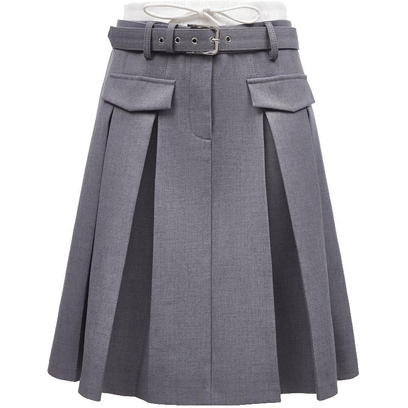 VEROMODA 2025 Spring Pleated Faux Double Waistband Midi Skirt XS