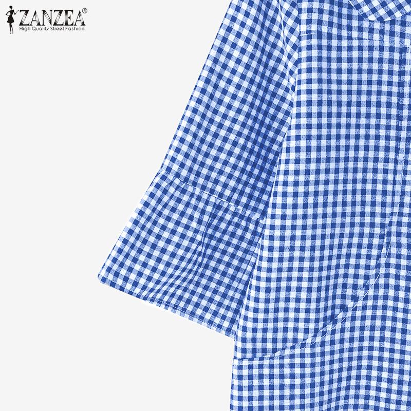 ZANZEA Camicia Casual Estiva da Donna con Colletto a Bambola e Maniche a 3/4 a Quadri