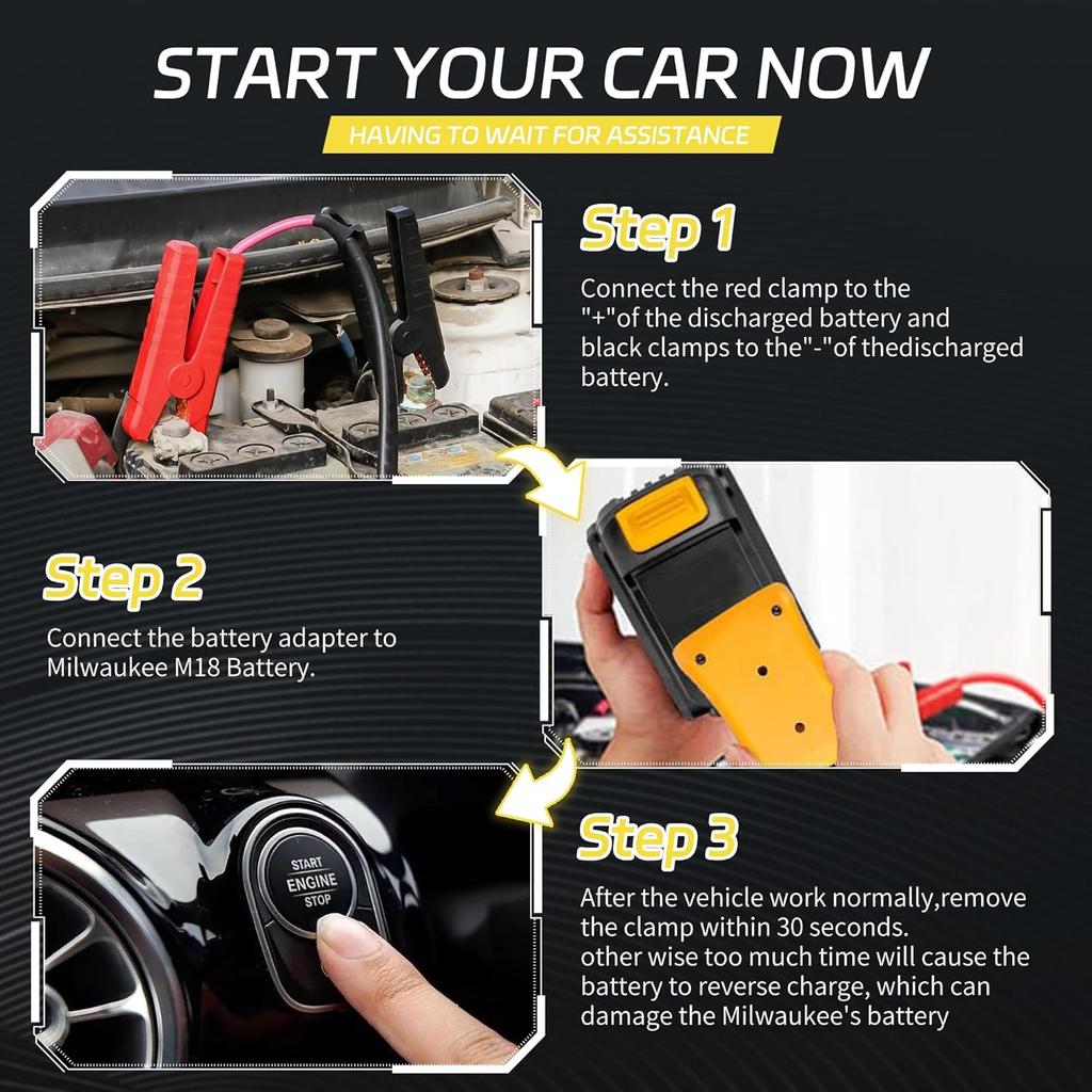 20V Jumper Cables Adapter For Dewalt- 2FT 8AWG Purple Copper, Large Clamps, Portable Battery Starter Auto Booster Cables For Cars/Lawn Mower/Tools,