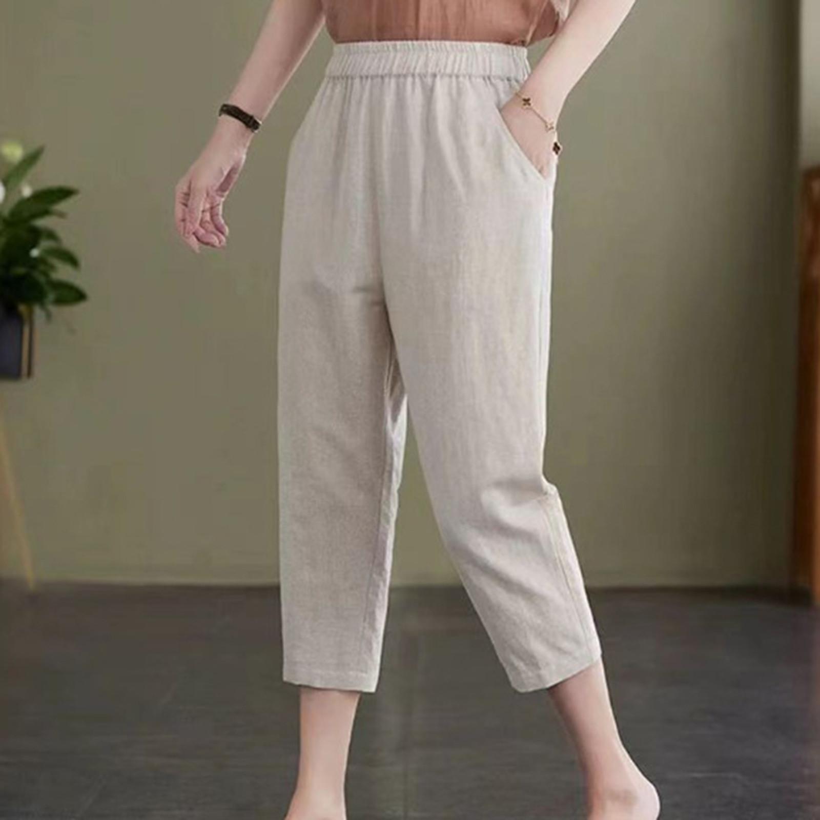 

Женские модные повседневные свободные однотонные тонкие хлопковые льняные брюки с высокой талией 7/10 XXL бежевый