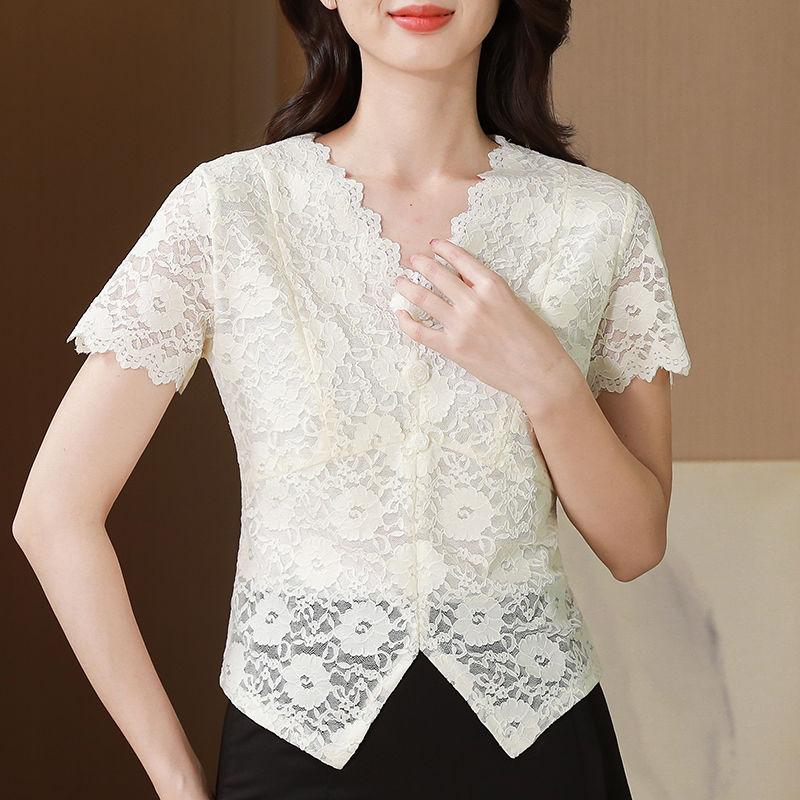 Temperament V-neck Short-sleeved Lace Shirt Fashionable Hollow Top for Women in Summer New Slim and Versatile Shirt