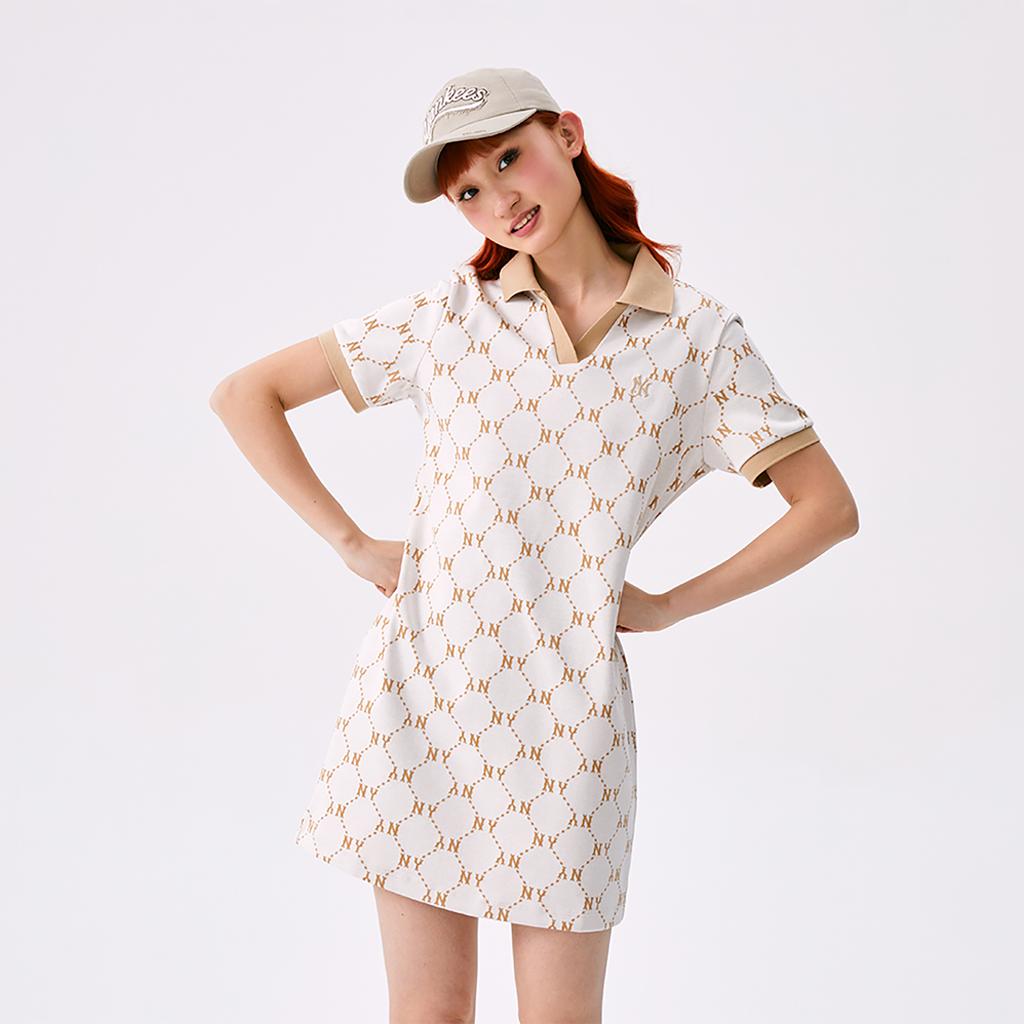 New MLB MONOGRAM Collection New York Yankees SS25 Short Sleeved Dress Women's Ivory White 3FOPM0453-50IVS