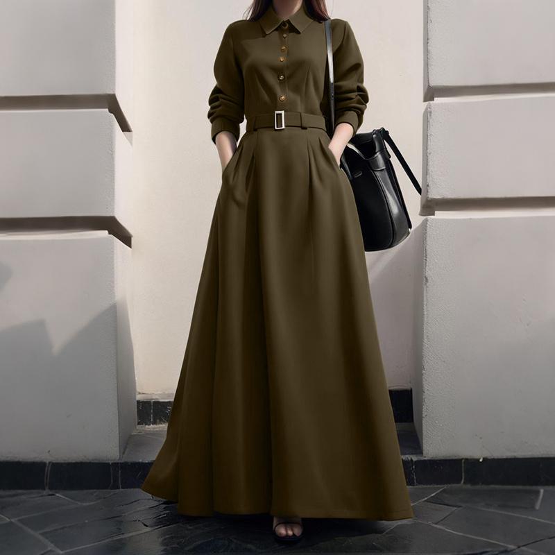 

ZANZEA Женское повседневное длинное платье с отложным воротником и длинными рукавами на осень-зиму 4XL армия зеленый