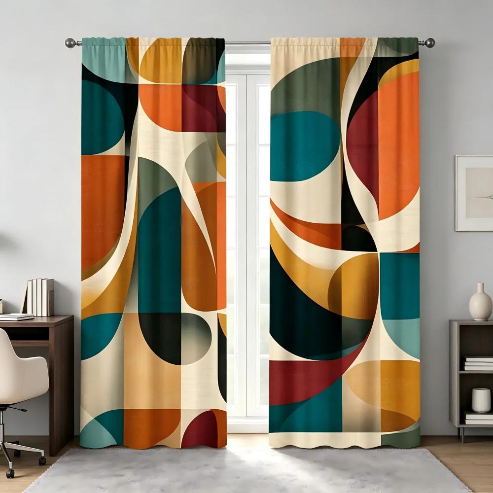 2 Pezzi Tenda Stampata Digitalmente, Moderno Motivo Geometrico Cerchio Arco, Tende Colorate Stile Retrò Mid-Century per la Casa
