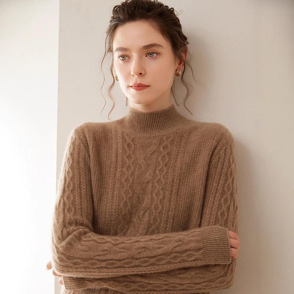 Women's Cable Knit Cashmere Sweater - Twisted Flower Bobble Stitch, Half-High Collar, Slim Fit