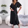 Elegant Solid Color Women's V-Neck Short Sleeve Pleated Spring Summer Fashion Maxi Dress Long Dress S-XL