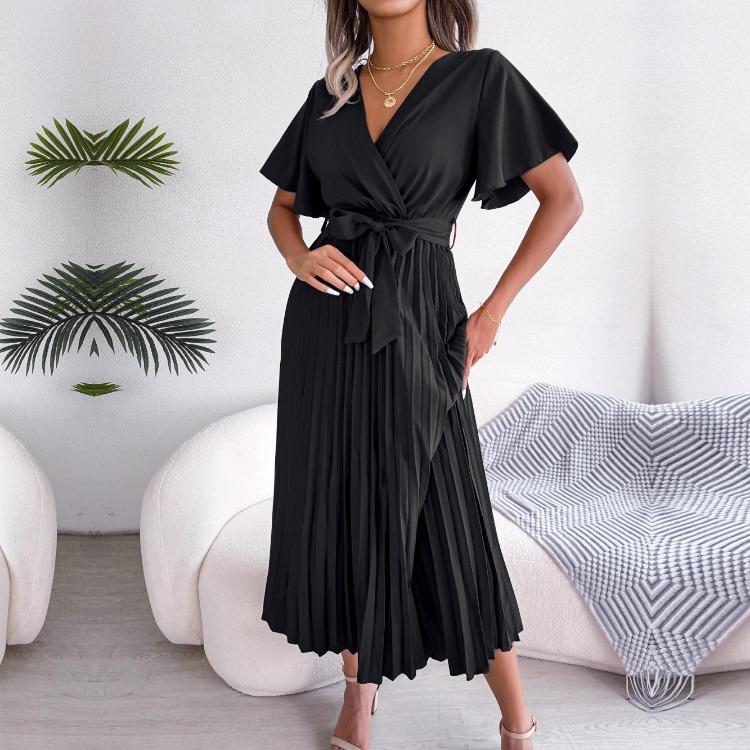 Elegant Solid Color Women's V-Neck Short Sleeve Pleated Spring Summer Fashion Maxi Dress Long Dress S-XL