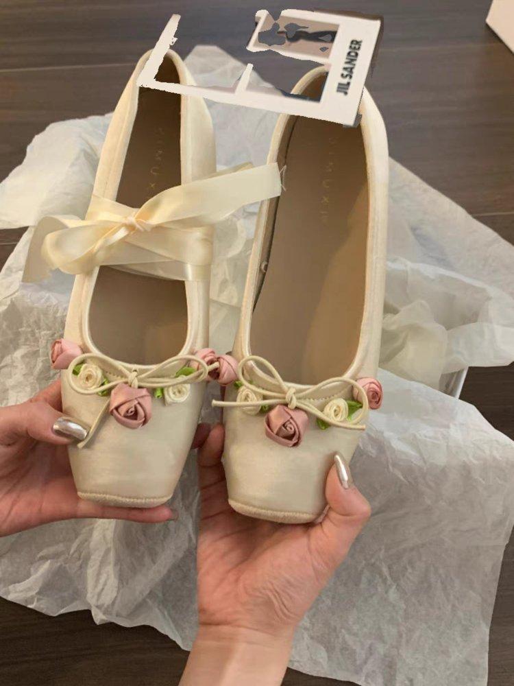 Women's Flats Elegant Flower Designer Womens Shoes Sweet Lolita Flats Lace Up Ballet Flats Square Toe Shallow Mouth Single Shoes