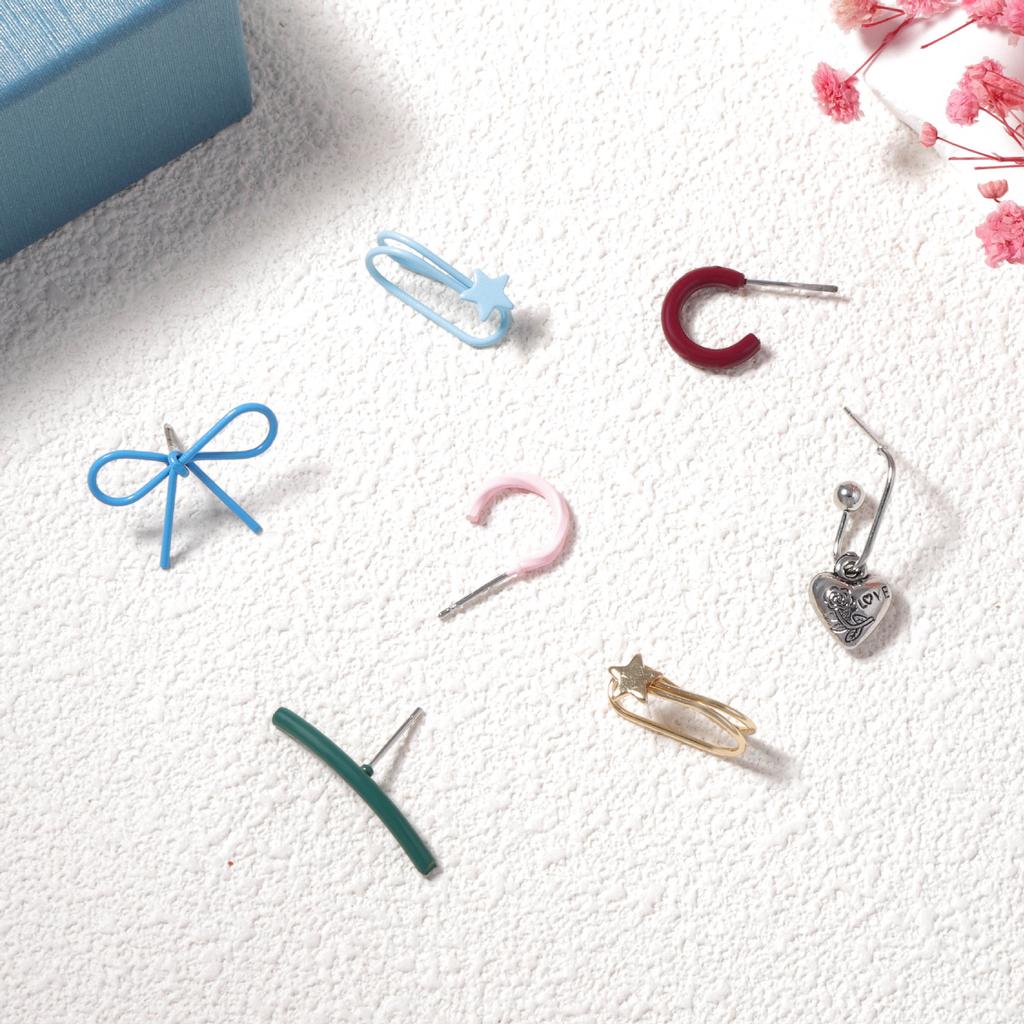 Cute Cartoon Fresh and Sweet Metal Geometric Bow Creative Design Sense Seven-piece Set of Women's Earrings Combination