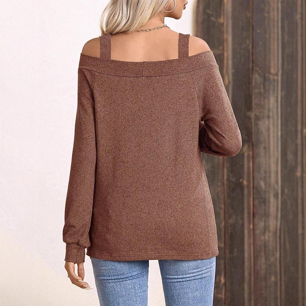 European & American Women's Off-the-Shoulder Solid Color Long Sleeve T-Shirt - Spring/Summer Fashion