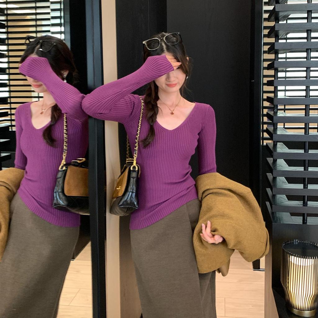 European Style Purple V-Neck Long Sleeve Knit Top for Women - Slim Fit Autumn 2025 Collection