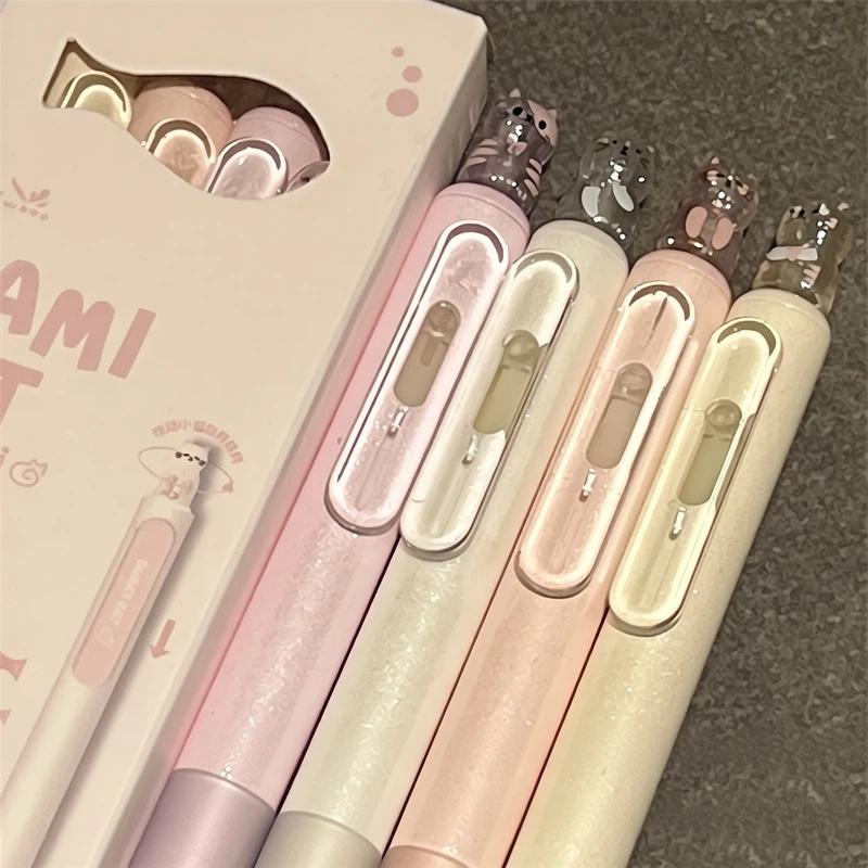 4Pcs Kawaii Cat Retractable Gel Pens 0.5Mm Fine Tip Smooth Writing For Office School Note Taking