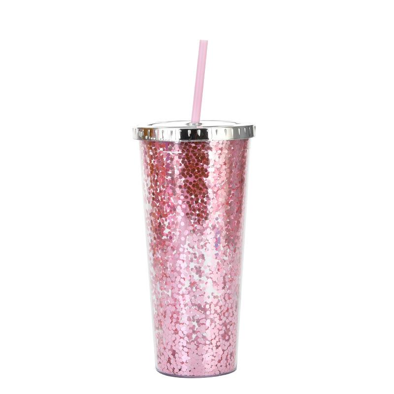 Taza de Plástico de Doble Capa de 24 oz con Purpurina Botella de Agua Portátil con Pajita Vasos Reutilizables de Plástico con Tapas Taza para Bebidas de Fiesta