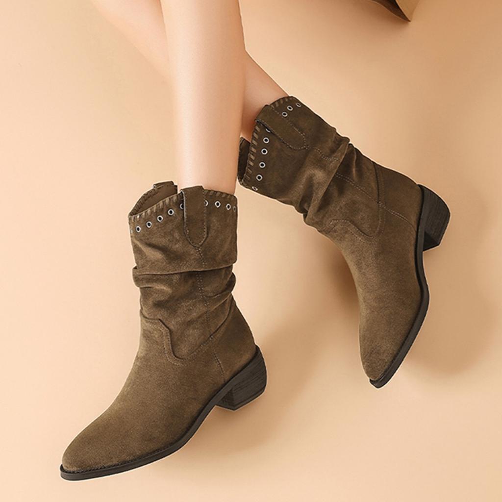 Soft velvet version~ retro suede thick heel thick sole pointed tip pleated piled boots women's autumn and winter temperament short boots