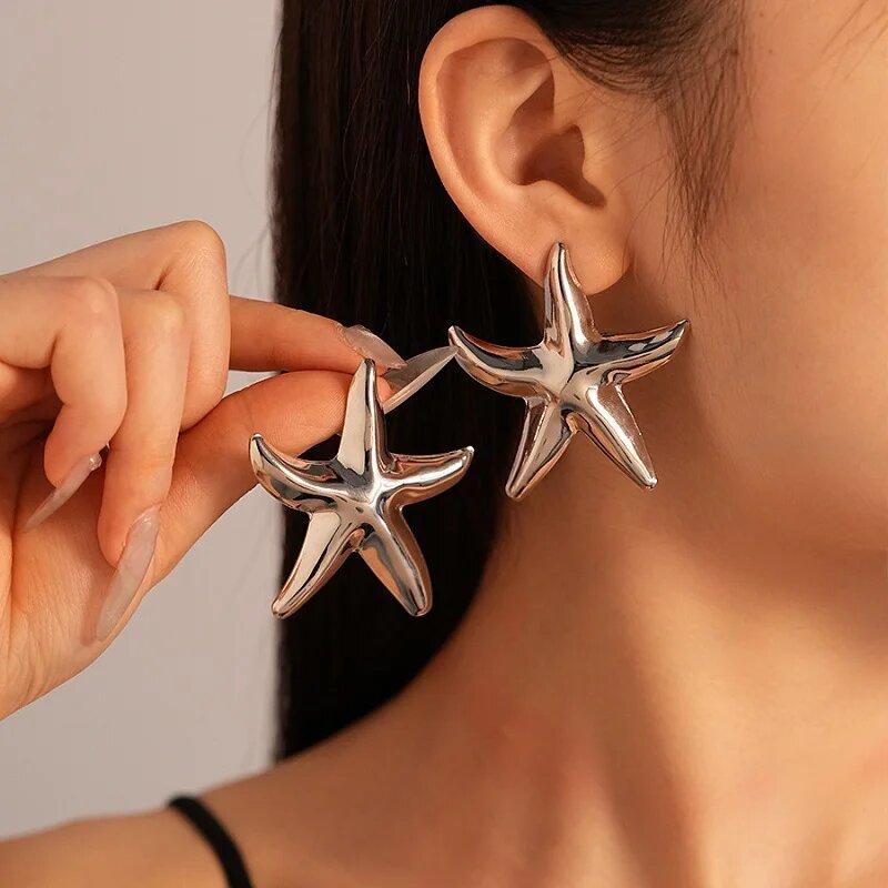 

LATS Punk Metal Starfish Stud Earrings for Women Fashion Gold Color Star Geometric Temperament Earrings Summer Zircon Gift