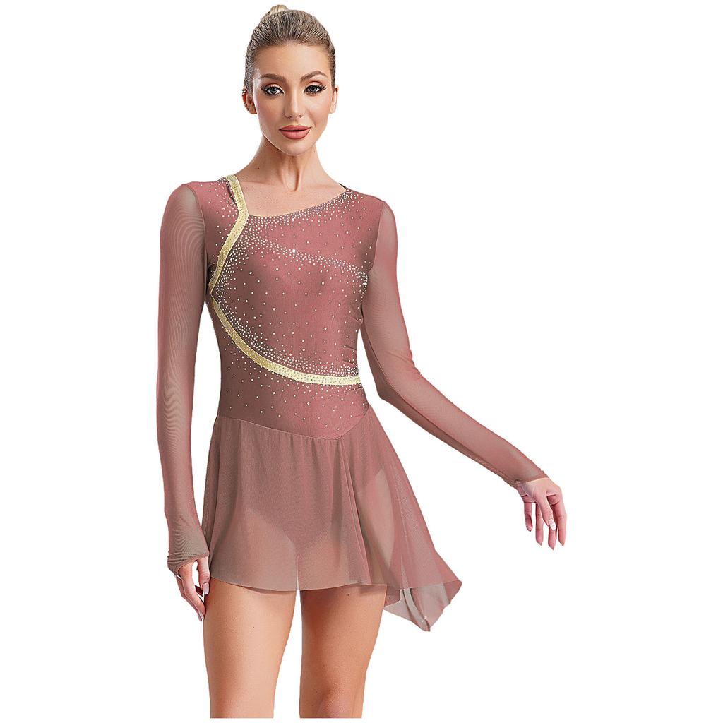 Women's Performance Dancewear - Sheer Mesh Long Sleeve Backless Dress with Rhinestones for Lyrical & Skating