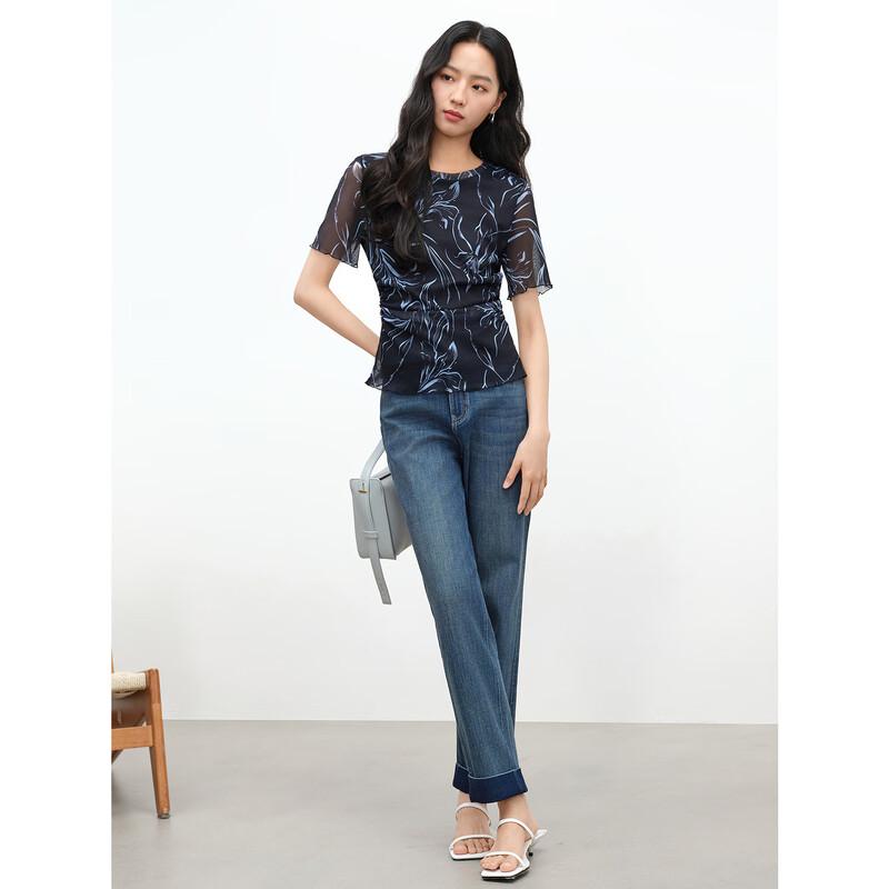 JUZUI Artistic Floral Mesh Short Sleeve Top