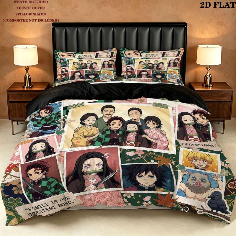 Demon Slayer Kimetsu No Yaiba Pattern Bedding Quilt Set Quilt Cover Pillowcase Home Birthday Gift(1 * Duvet Cover + 2 * Pillowcase, Without Core)
