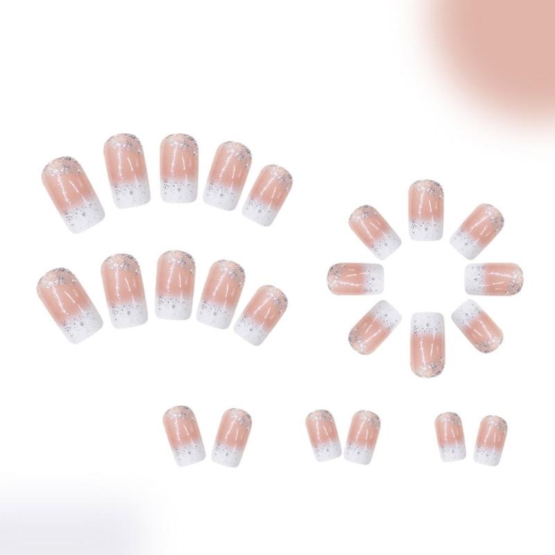 24x French Tip Press On Nail Medium Square Full Cover False Nail Glittering Stick On Nail Sparkling Artificial Nail