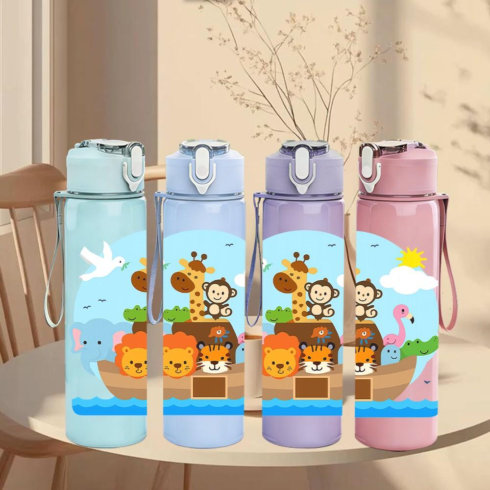 1PC Noah Ark Animal Cartoon Print 750ml Color Plastic Sports Water Bottle Leakproof Flip Straw Lid Suitable for Sports Office Home Use