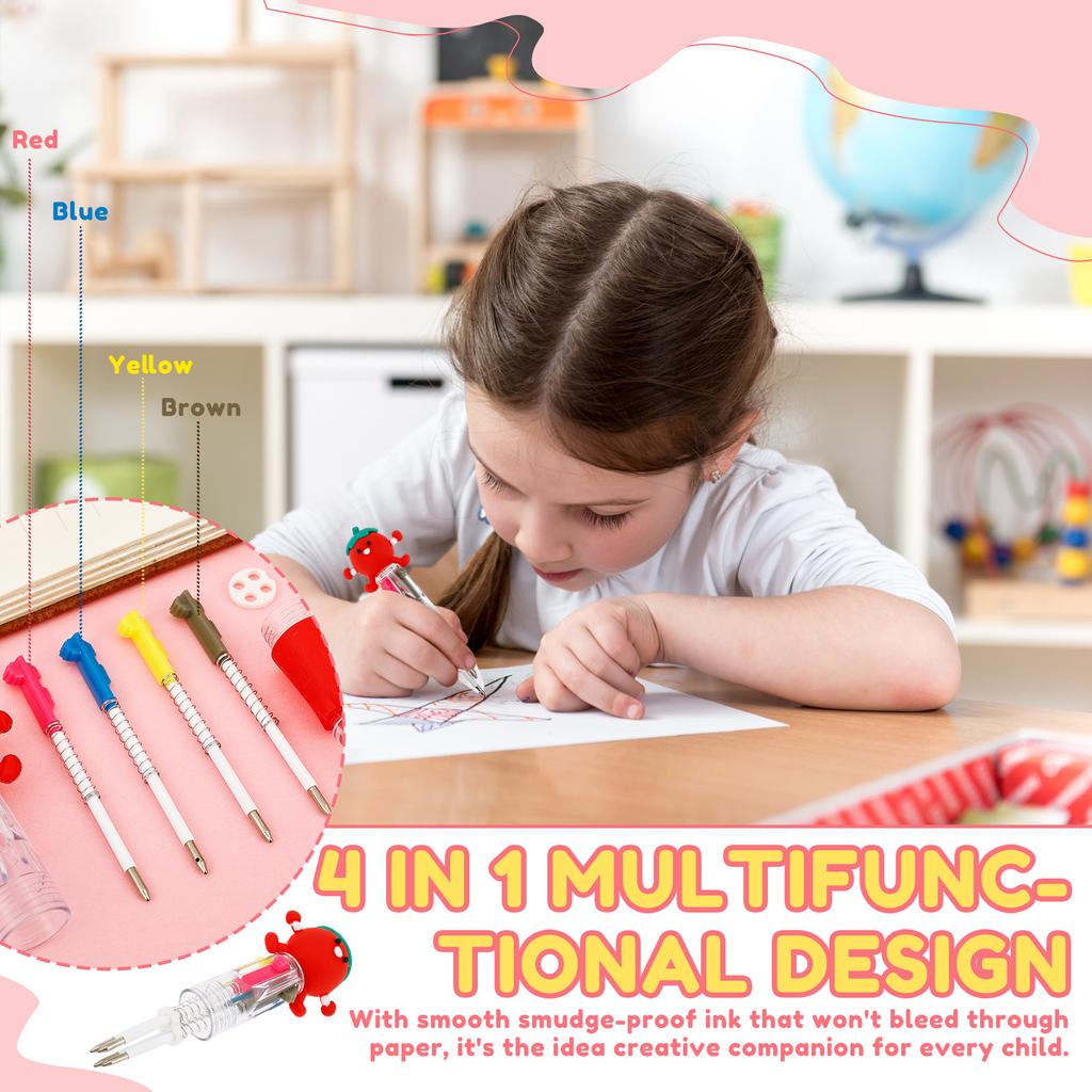 60Pcs Multicolor Pen in One for Kid 4 in 1 Colors Retractable Ballpoint Pen 15 Cute Designs Party Favor Goodie Bag Stuffer
