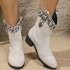 European and American Foreign Trade Thick Heel Medium Tube Color Matching Knight Boots Women's New Pointed Buckle Leopard Print Thin Cigarette Boots