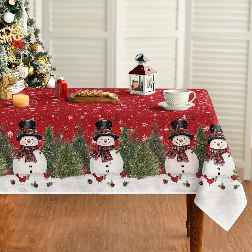 Christmas Polyester Tablecloth Snowman Print Lightweight Stain Resistant Dining Decor Long Table Cover