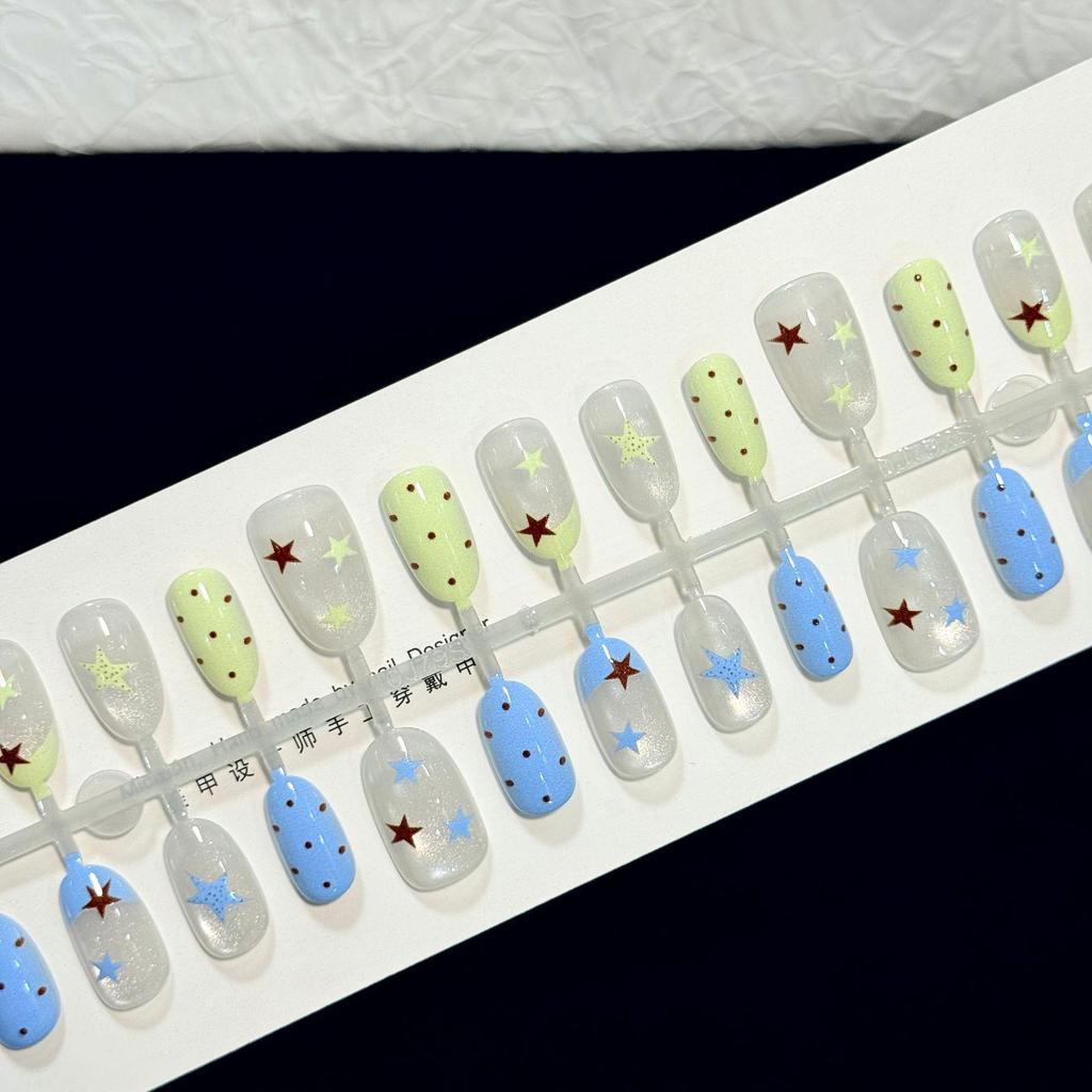 High-End Handmade Cat Eye Almond Children's Wearable Nails - Star Wave i-Dot French Whitening