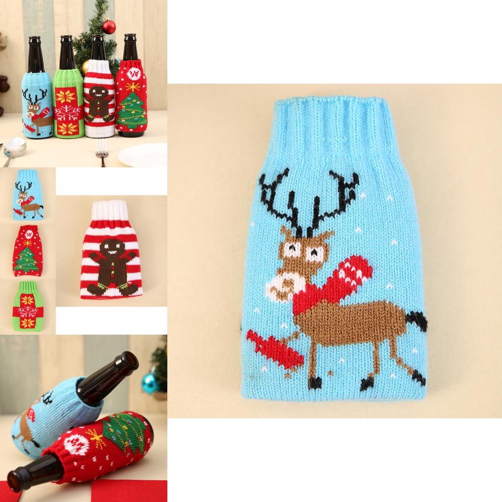 Hochwertiges gestricktes Weihnachts-Bierflaschenhüllen-Set mit festlichen Schneeflocken- und Rentier-Designs zur Feiertagsdekoration