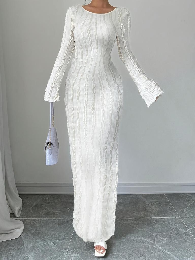 2025 Fashion Lace Patchwork Round Neck Bodycon Dress - Summer/Autumn Long Sleeve Design for Women
