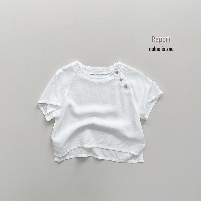 Children's Summer 2025 Cotton Linen Blouse - Korean & Japanese Style Short Sleeve T-shirt for Boys and Girls