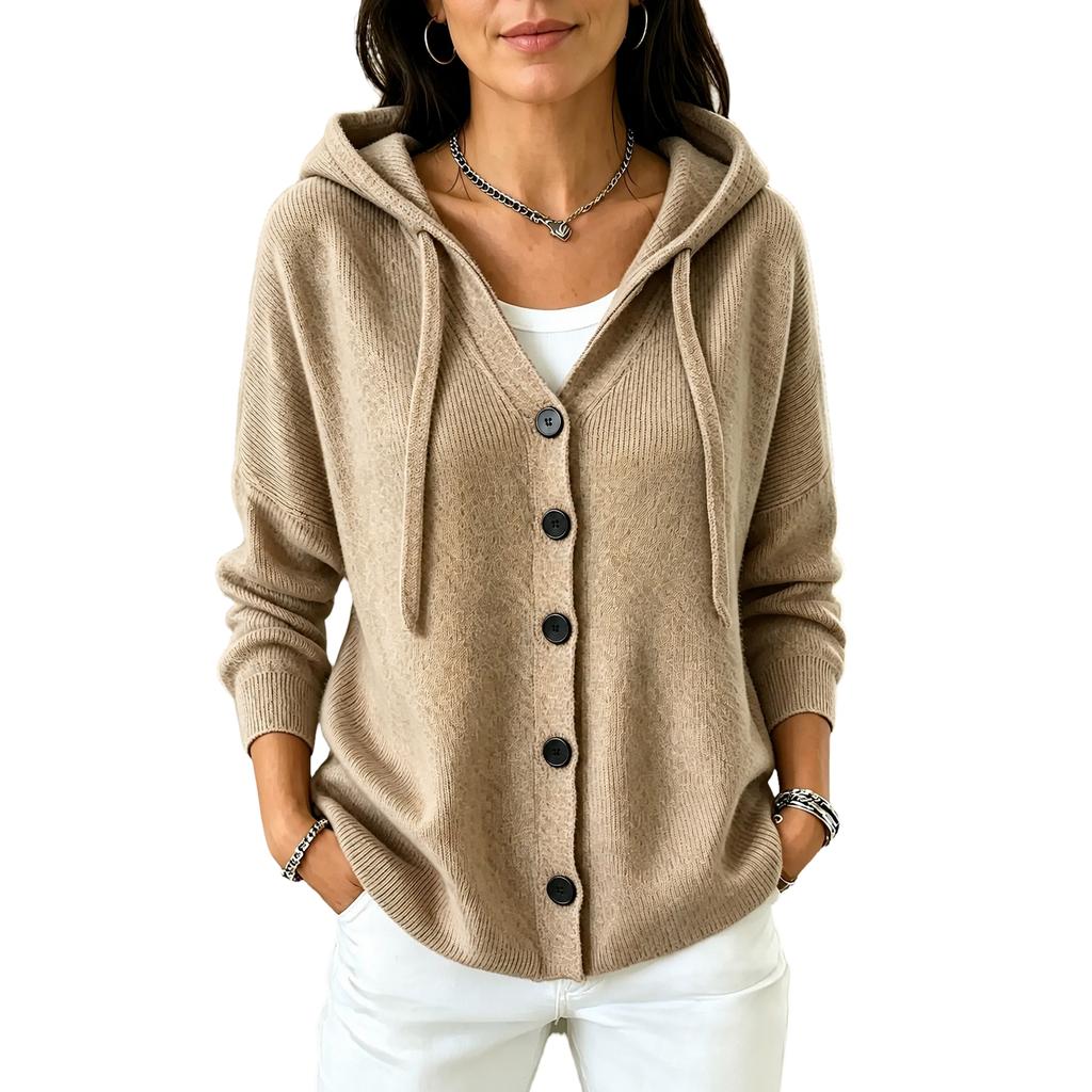 Women's Hooded Knit Cardigan Color Casual Sweater for Everyday Wear