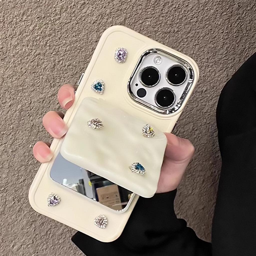Stylish Colorful Diamond Flip Mirror Folding Phone Case For iPhone 15 14 13 12 11 Pro Max Drop Proof Cartoon Girl Phone Case