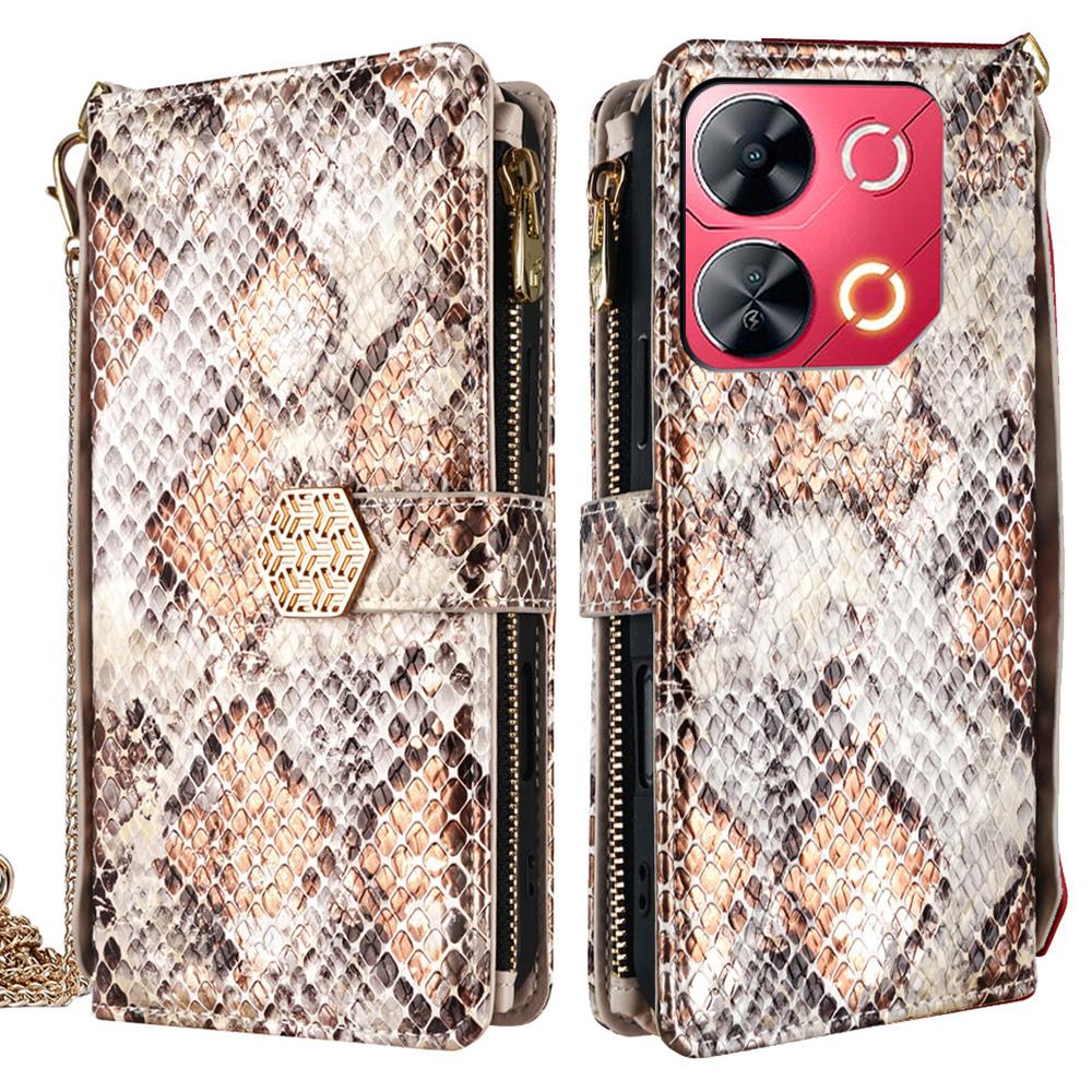 

For itel P65 Case Snake Skin Texture PU Leather Phone Wallet Cover with Shoulder Strap White