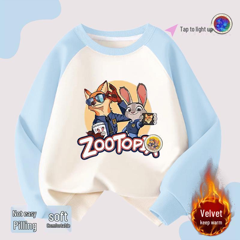 Girls' Zootopia Color Block Hoodie with Lights - Cotton, Raglan Sleeves, Striped, Thin/Plus Velvet, Autumn/Winter