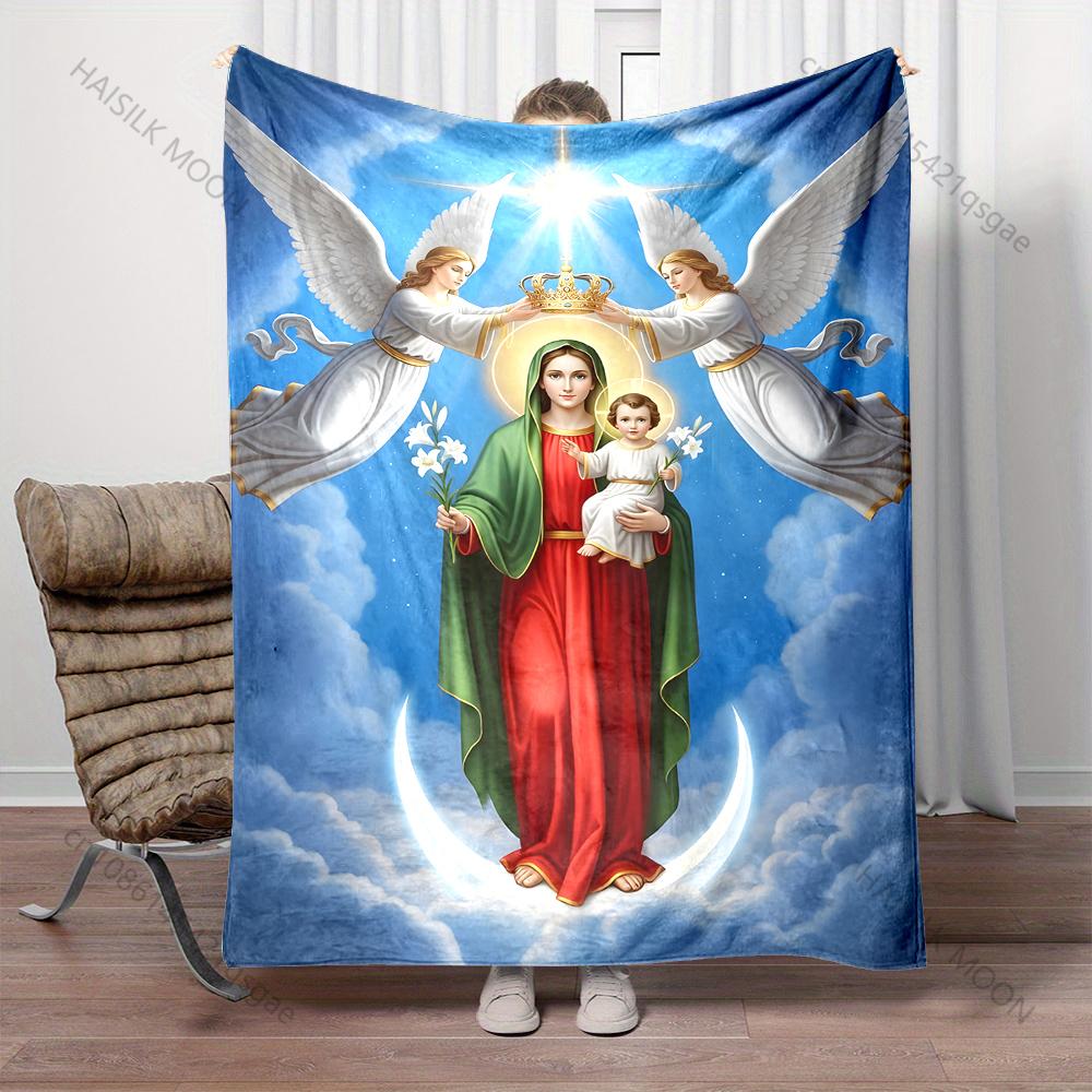 1PC Virgin Mary Crowned by Angels Print Believer Pray Blanket Warm Soft Flannel Material Suitable for All Seasons Luxurious Gift