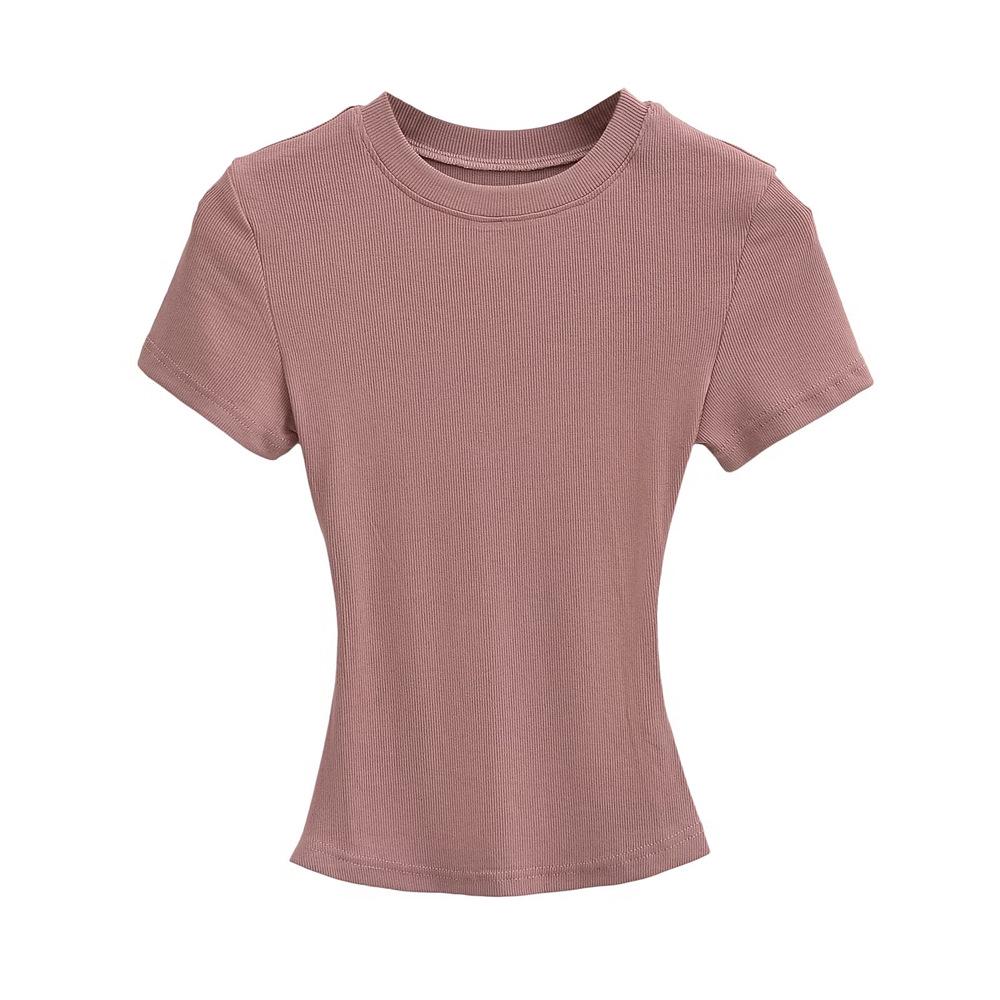 Trendy Women's Ribbed Slim Fit Short Sleeve T-Shirt with Sexy Round Neck and Straight Shoulders.